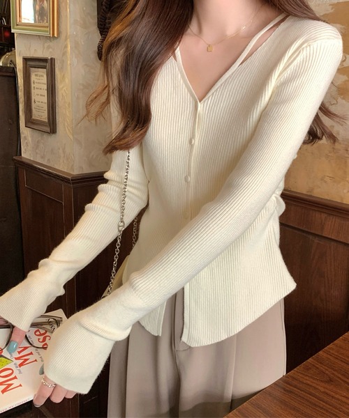Lace Ladies(レースレディース)の「イレギュラーヘム Vネック リブ ニット カーディガン(カーディガン/ボレロ・レディース・アイボリー/グレイッシュベージュ/グレー・FREE)」の15枚目の写真