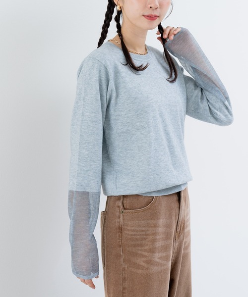 ANNA LUNA(アンナルナ)の「【ANNA LUNA】 袖シアー で 重ね着 も可愛く! 抜け感 をプラスする 万能 ニット(ニット/セーター・レディース・グレー/オフホワイト/ブラック/オレンジ・MEDIUM)」の3枚目の写真