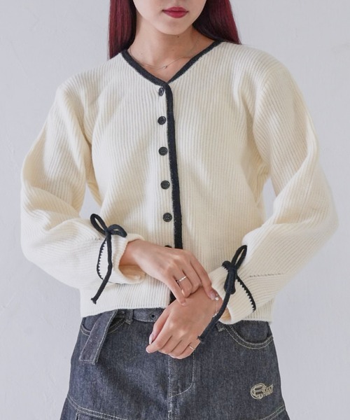 Uenui(ウニュイ)の「【 cunii 】 ribbon trim knit cardigan(カーディガン/ボレロ・レディース・グレー/ブラウン/ホワイト・FREE)」の2枚目の写真