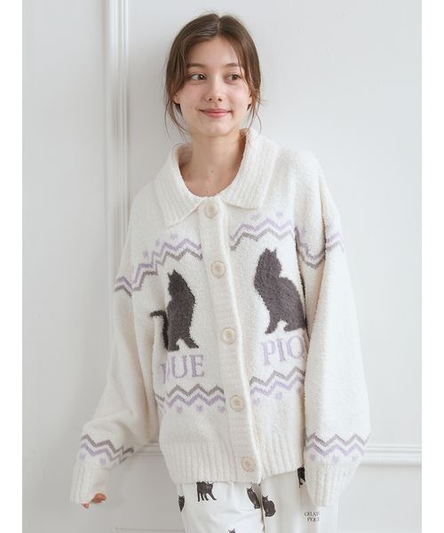 Gelato Pique 猫イラスト カーディガン グレー新品タグ付き CATジャガード衿付きカーディガン(カーディガン・ガウン)｜ルーム