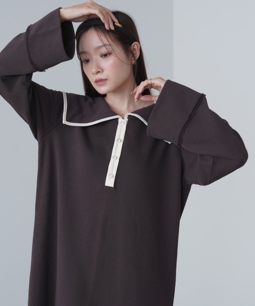 Bab（バブ）の「【選べるサイズ展開】ビッグカラー配色パイピングスウェットワンピース（ワンピース・レディース・グレー系その他4/ブラウン/アイボリー・S/M/L）」の3枚目の写真
