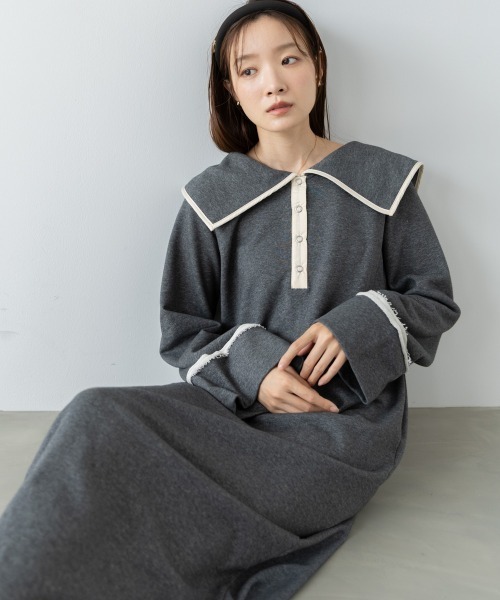 Bab（バブ）の「【選べるサイズ展開】ビッグカラー配色パイピングスウェットワンピース（ワンピース・レディース・グレー系その他4/ブラウン/アイボリー・S/M/L）」の2枚目の写真