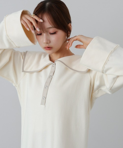 Bab（バブ）の「【選べるサイズ展開】ビッグカラー配色パイピングスウェットワンピース（ワンピース・レディース・グレー系その他4/ブラウン/アイボリー・S/M/L）」の4枚目の写真