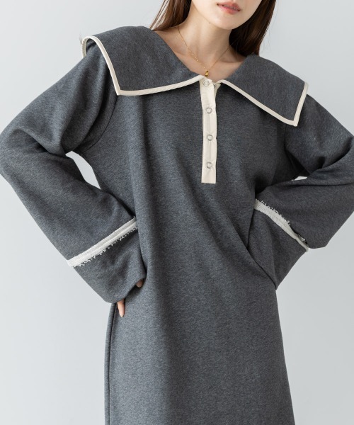 Bab（バブ）の「【選べるサイズ展開】ビッグカラー配色パイピングスウェットワンピース（ワンピース・レディース・グレー系その他4/ブラウン/アイボリー・S/M/L）」の13枚目の写真