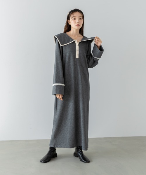 Bab（バブ）の「【選べるサイズ展開】ビッグカラー配色パイピングスウェットワンピース（ワンピース・レディース・グレー系その他4/ブラウン/アイボリー・S/M/L）」の14枚目の写真