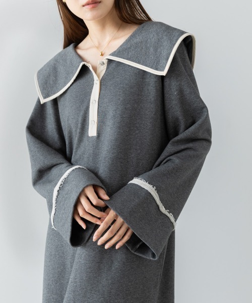 Bab（バブ）の「【選べるサイズ展開】ビッグカラー配色パイピングスウェットワンピース（ワンピース・レディース・グレー系その他4/ブラウン/アイボリー・S/M/L）」の16枚目の写真