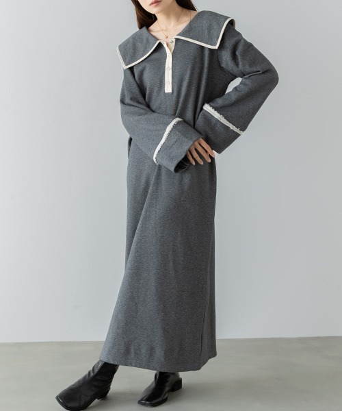 Bab（バブ）の「【選べるサイズ展開】ビッグカラー配色パイピングスウェットワンピース（ワンピース・レディース・グレー系その他4/ブラウン/アイボリー・S/M/L）」の21枚目の写真
