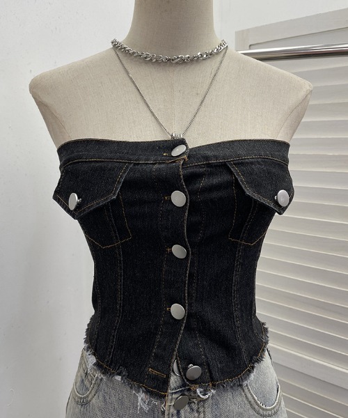 NoBelle(ノベル)の「デニム コルセット ベアトップ(チューブトップ・レディース・ブルー/サックスブルー/ブラック・FREE)」の4枚目の写真