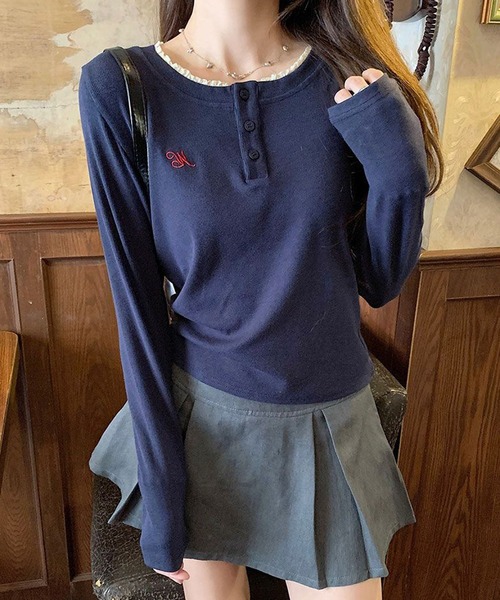 Nia（ニア）の「Nia(ニア)/ヘンリーネック　フリル　長袖カットソー（Tシャツ/カットソー・レディース・ネイビー/グレー・MEDIUM/SMALL）」の14枚目の写真