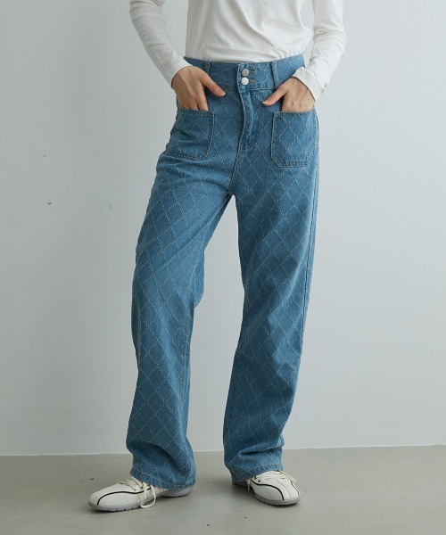 Mirette(ミレット)の「キルティングステッチワイドデニムパンツ Quilted Stitch Wide Denim Pants(デニムパンツ・レディース・ブルー/ブラック・SMALL/MEDIUM/LARGE)」の17枚目の写真