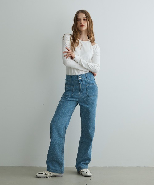 Mirette(ミレット)の「キルティングステッチワイドデニムパンツ Quilted Stitch Wide Denim Pants(デニムパンツ・レディース・ブルー/ブラック・SMALL/MEDIUM/LARGE)」の21枚目の写真