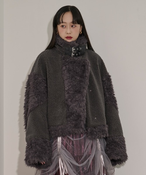 FAUX ファーコート ジップアップスタンドカラーショートフェイクファーコート ／ zip up