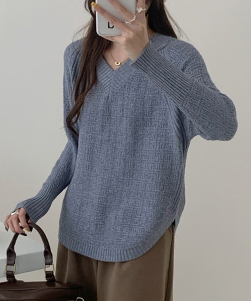 ONEP STAR(ワンピスター)の「Vネックリブニットトップス(ニット/セーター・レディース・ベージュ/ホワイト/ピンク/ブラック/グレー・FREE)」の18枚目の写真