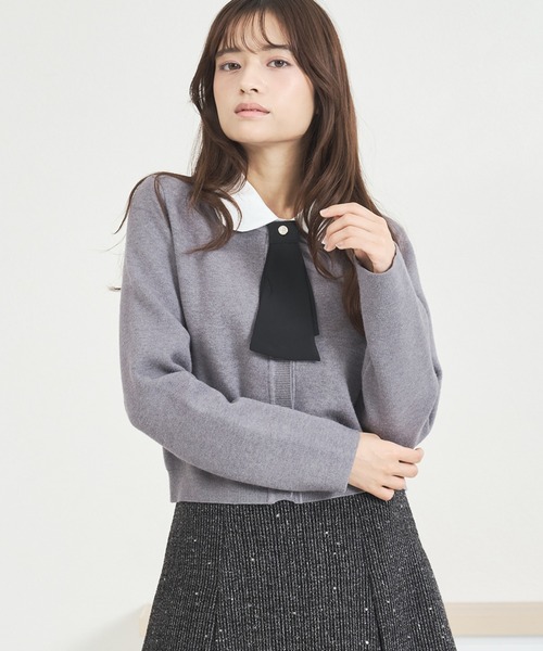 MISCH MASCH（ミッシュマッシュ）の「一部店舗限定 2025秋冬新作 3way衿×タイ付きビジュ釦カーディガン（カーディガン/ボレロ・レディース・グレー/ブラック/ベージュ・ﾌﾘ-）」の4枚目の写真