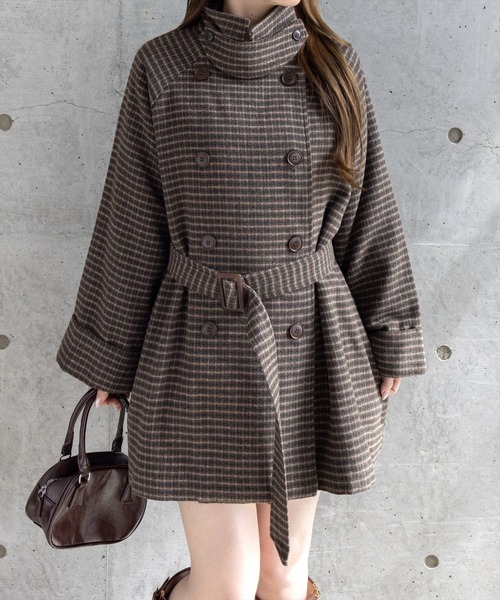 clear（クリア）の「スタンドカラーダブルミドルチェックコート［大人 カジュアル 着回し力抜群］≪AW新作≫（その他アウター・レディース・ブラウン系その他/ブラック系その他・F）」の2枚目の写真