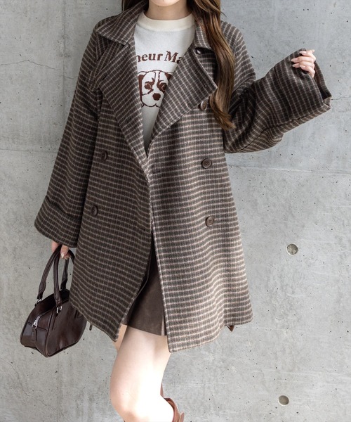 clear（クリア）の「スタンドカラーダブルミドルチェックコート［大人 カジュアル 着回し力抜群］≪AW新作≫（その他アウター・レディース・ブラウン系その他/ブラック系その他・F）」の4枚目の写真