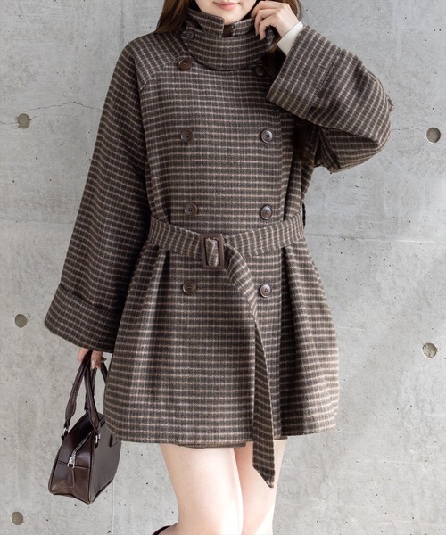 clear（クリア）の「スタンドカラーダブルミドルチェックコート［大人 カジュアル 着回し力抜群］≪AW新作≫（その他アウター・レディース・ブラウン系その他/ブラック系その他・F）」の3枚目の写真