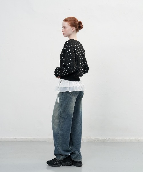 GENERAL IDEA（ジェネラルアイデア）の「semi loose fit dot cardigan セミルーズドットカーディガン（カーディガン/ボレロ・レディース・オリーブ/ブラック/チャコール・L/M/S）」の9枚目の写真