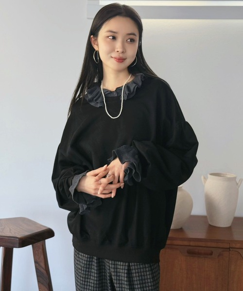 Jewelobe(ジュエローブ)の「バックディープVネックボリュームウラゲプルオーバー(スウェット・レディース・グレー/ブラック・FREE)」の16枚目の写真