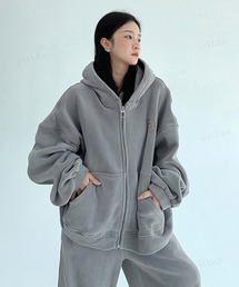 韓国ファッション 【セットアップ可能】RICECAKE刺繍ロゴフリースジップアップパーカー