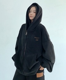 韓国ファッション 【セットアップ可能】RICECAKE刺繍ロゴフリースジップアップパーカー