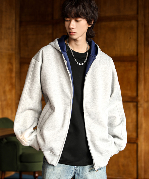 neos（ネオス）の「【neos】ルーズシルエット 裏地切替 スウェット ジップパーカー 韓国ファッション ユニセックス（パーカー・メンズ・グレー/ブラック・X-LARGE/MEDIUM/LARGE）」の2枚目の写真