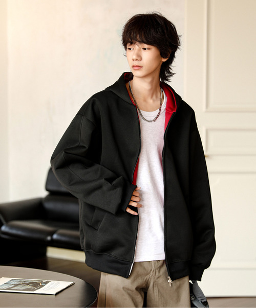 neos（ネオス）の「【neos】ルーズシルエット 裏地切替 スウェット ジップパーカー 韓国ファッション ユニセックス（パーカー・メンズ・グレー/ブラック・X-LARGE/MEDIUM/LARGE）」の4枚目の写真