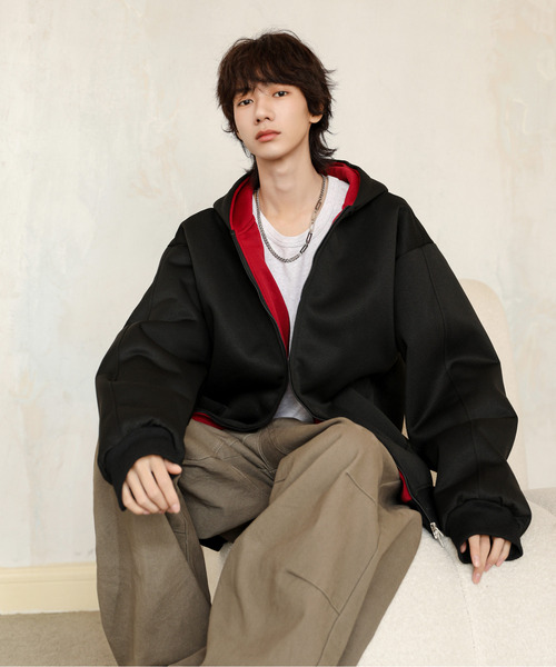 neos（ネオス）の「【neos】ルーズシルエット 裏地切替 スウェット ジップパーカー 韓国ファッション ユニセックス（パーカー・メンズ・グレー/ブラック・X-LARGE/MEDIUM/LARGE）」の5枚目の写真