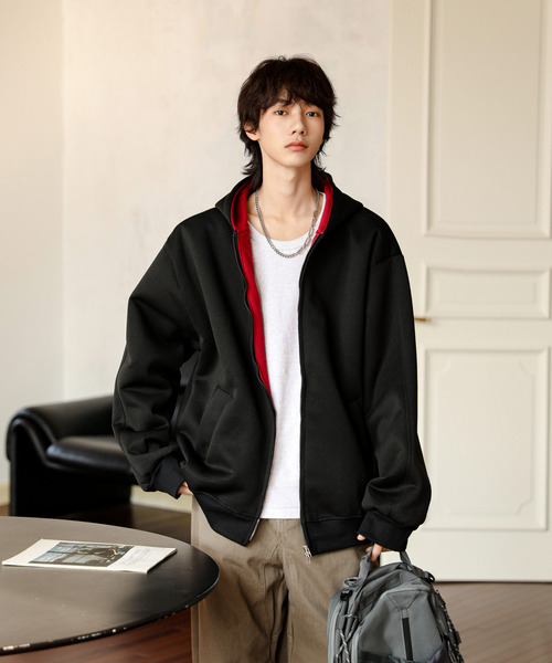 neos（ネオス）の「【neos】ルーズシルエット 裏地切替 スウェット ジップパーカー 韓国ファッション ユニセックス（パーカー・メンズ・グレー/ブラック・X-LARGE/MEDIUM/LARGE）」の7枚目の写真