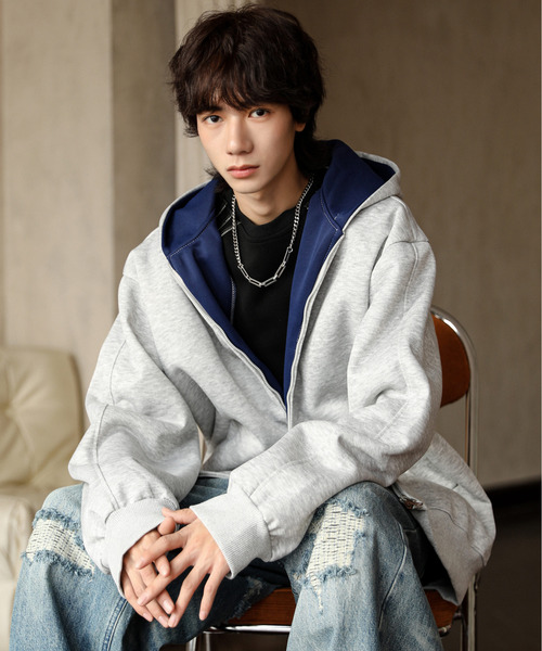 neos（ネオス）の「【neos】ルーズシルエット 裏地切替 スウェット ジップパーカー 韓国ファッション ユニセックス（パーカー・メンズ・グレー/ブラック・X-LARGE/MEDIUM/LARGE）」の11枚目の写真