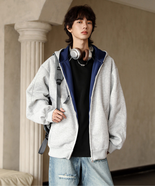 neos（ネオス）の「【neos】ルーズシルエット 裏地切替 スウェット ジップパーカー 韓国ファッション ユニセックス（パーカー・メンズ・グレー/ブラック・X-LARGE/MEDIUM/LARGE）」の12枚目の写真