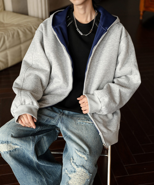 neos（ネオス）の「【neos】ルーズシルエット 裏地切替 スウェット ジップパーカー 韓国ファッション ユニセックス（パーカー・メンズ・グレー/ブラック・X-LARGE/MEDIUM/LARGE）」の13枚目の写真