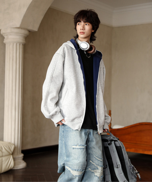 neos（ネオス）の「【neos】ルーズシルエット 裏地切替 スウェット ジップパーカー 韓国ファッション ユニセックス（パーカー・メンズ・グレー/ブラック・X-LARGE/MEDIUM/LARGE）」の14枚目の写真