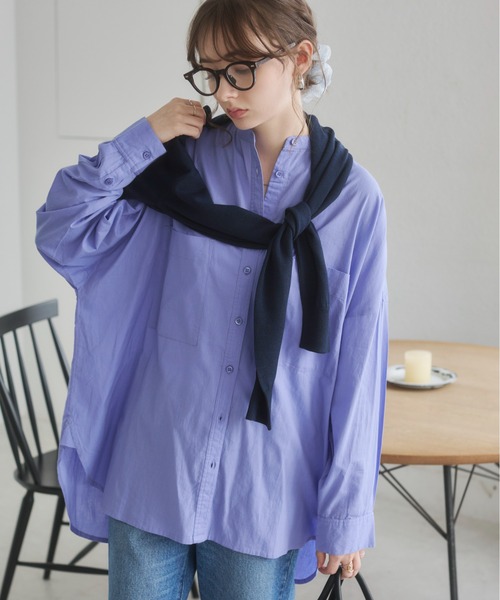 ANGIE（アンジー）の「着丈が選べる オーバーサイズ バンドカラー シャツ / ストライプ / 無地（シャツ/ブラウス・レディース・ブラウン系その他/ブルー系その他/オフホワイト/ブラック/ホワイト系2/ホワイト系1/ライトパープル/ブルー系1/ライム/ライトピンク/ブラウン系1・MT/MEDIUM）」の10枚目の写真