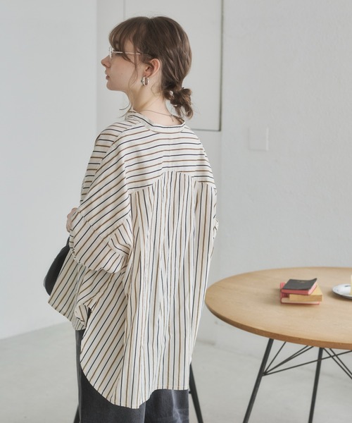 【美品】MidiUmi バンドカラー オーバーサイズシャツ ストライプ ゆったり 美品】MidiUmi バンドカラー オーバーサイズシャツ ストライプ