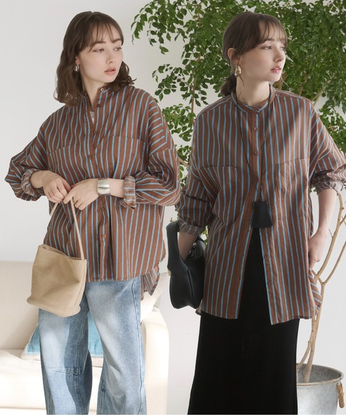 ANGIE（アンジー）の「着丈が選べる オーバーサイズ バンドカラー シャツ / ストライプ / 無地（シャツ/ブラウス・レディース・ブラウン系その他/ブルー系その他/オフホワイト/ブラック/ホワイト系2/ホワイト系1/ライトパープル/ブルー系1/ライム/ライトピンク/ブラウン系1・MT/MEDIUM）」の14枚目の写真