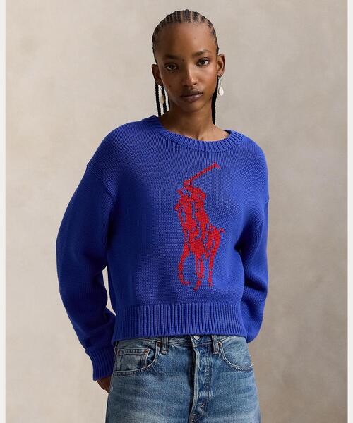 美品 ポロラルフローレン バイカラー モモンガニットポンチョ ネイビー LAUREN RALPH LAUREN（ローレン ラルフ ローレン）の「インターシャ