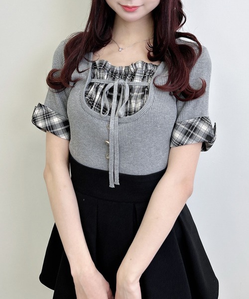 INGNI(イング)の「チェックシャツレイヤード風半袖ニット(ニット/セーター・レディース・ブラック系9/グレー系9・M)」の10枚目の写真