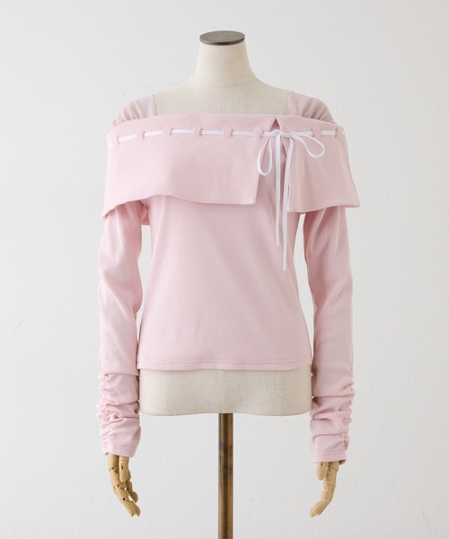 one after another NICE CLAUP（ワンアフターアナザーナイスクラップ）の「配色リボンオフショルトップス（Tシャツ/カットソー・レディース・アイボリー/ピンク/チャコールグレー・FREE）」の3枚目の写真