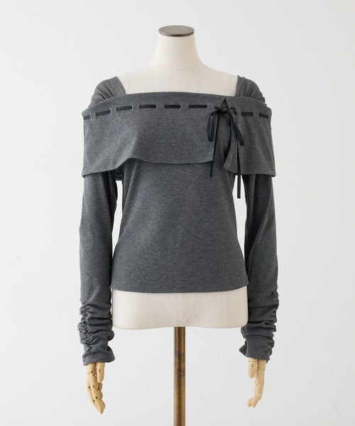 one after another NICE CLAUP（ワンアフターアナザーナイスクラップ）の「配色リボンオフショルトップス（Tシャツ/カットソー・レディース・アイボリー/ピンク/チャコールグレー・FREE）」の4枚目の写真