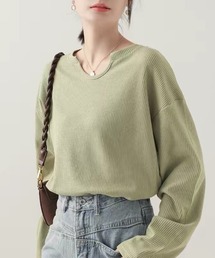 【シンプルでこなれ感】ワッフル素材 キーネック長袖プルオーバー ゆったりシルエット