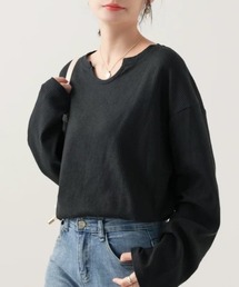 【シンプルでこなれ感】ワッフル素材 キーネック長袖プルオーバー ゆったりシルエット