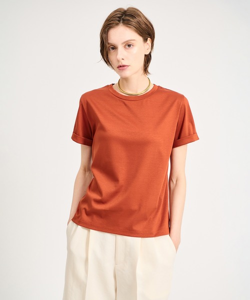 ESTNATION（エストネーション）の「ESTNATION / アルビニ コットンスムース ロールアップ Tシャツ（Tシャツ/カットソー・レディース・ネイビー/ホワイト/ブラック/ブラウン/ベージュ/カーキ・FREE）」の3枚目の写真