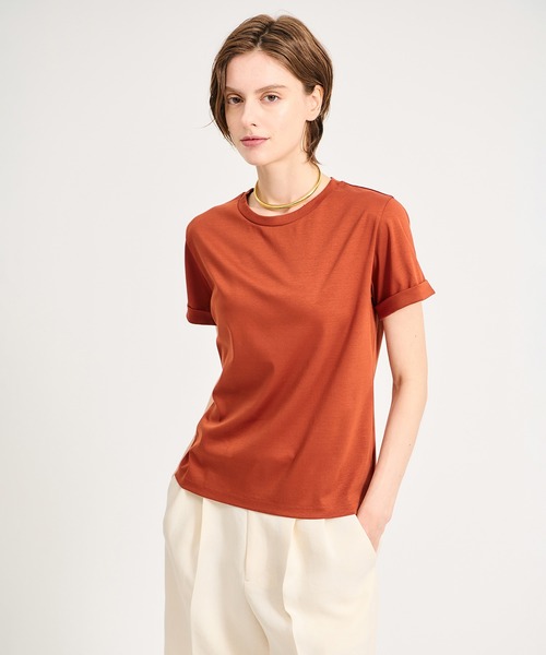 ESTNATION（エストネーション）の「ESTNATION / アルビニ コットンスムース ロールアップ Tシャツ（Tシャツ/カットソー・レディース・ネイビー/ホワイト/ブラック/ブラウン/ベージュ/カーキ・FREE）」の16枚目の写真