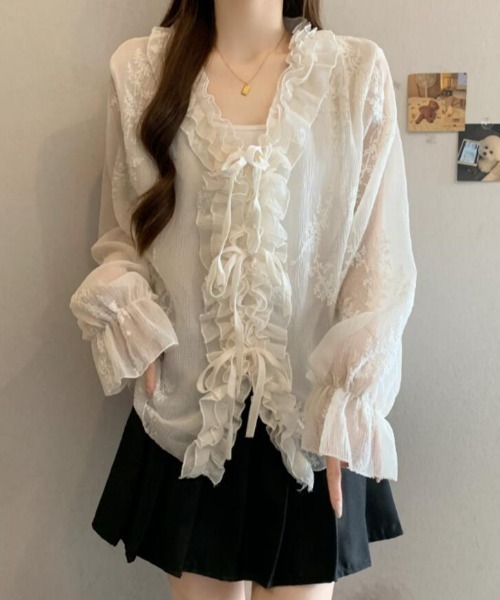 semplice(センプリチェ)の「フリル レース シアーブラウス(シャツ/ブラウス・レディース・オフホワイト/ブラック・F)」の9枚目の写真