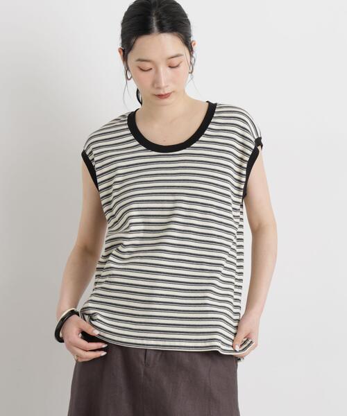 NANO universe(ナノユニバース)の「ボーダーテレコワイドノースリーブトップス(Tシャツ/カットソー・レディース・オフホワイト/グレー・FREE)」の4枚目の写真