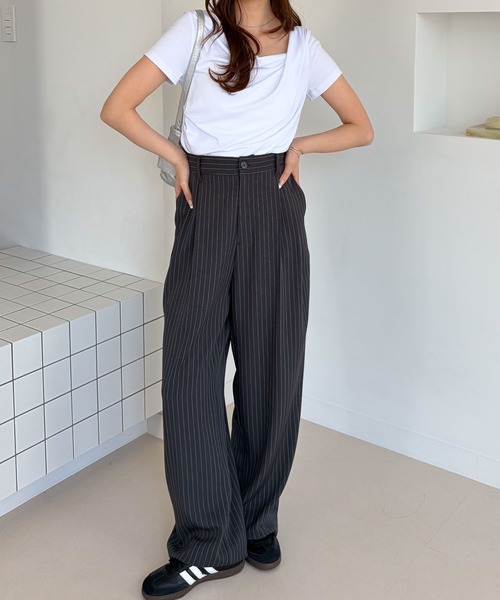 muet.（ミュエ）の「ダブルタックボリュームストライプスラックスパンツ（スラックス・レディース・ネイビー/グレー・MEDIUM/LARGE）」の18枚目の写真