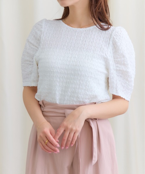 COHINA(コヒナ)の「パフスリーブカットソー 【低身長・小柄女性】(Tシャツ/カットソー・レディース・レッド/ネイビー/ブルー/ホワイト・ONE SIZE)」の1枚目の写真