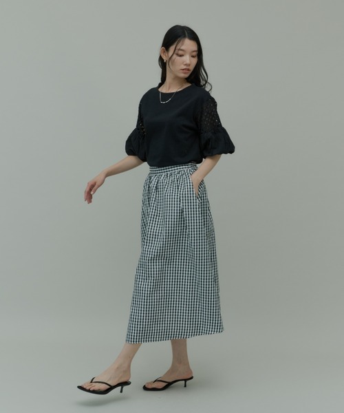 Plumel（プルメル）の「Gingham Check Gathered Long Skirt / ギンガムチェックギャザーロングスカート（スカート・レディース・ブラック・MEDIUM/LARGE）」の5枚目の写真