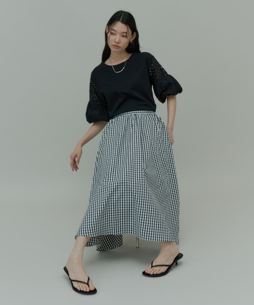 Plumel（プルメル）の「Gingham Check Gathered Long Skirt / ギンガムチェックギャザーロングスカート（スカート・レディース・ブラック・MEDIUM/LARGE）」の7枚目の写真